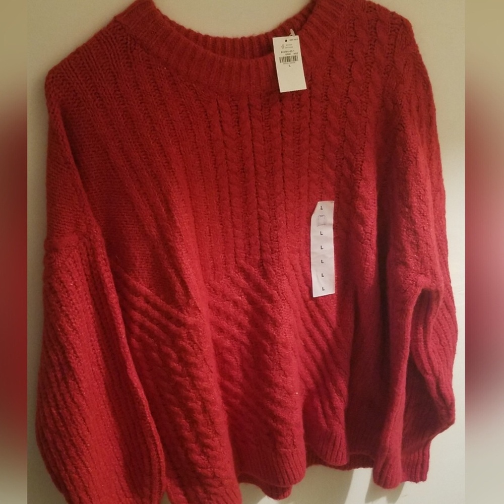 Old Navy Sweater Cozy Cable-Knit Blouson-Sleeve Red Large